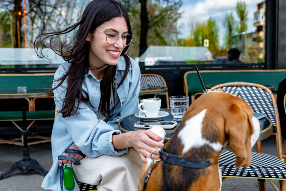A woman at an outdoor cafe table reaches down to pet a tricolor hound sitting beside her.